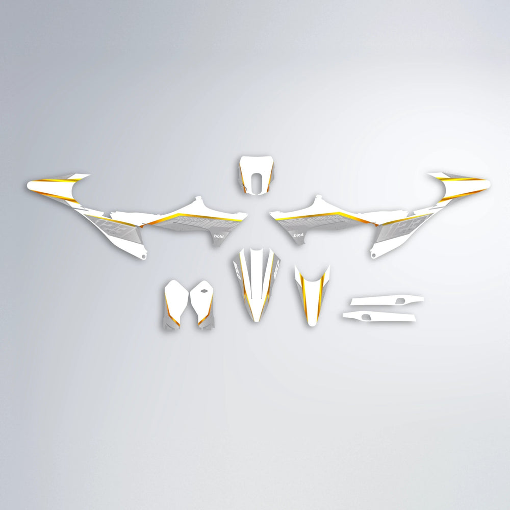 FUTURE Stark Varg MX graphics kit parts layout in Orange & Yellow