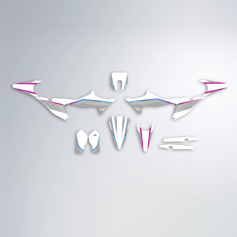 FUTURE Stark Varg MX graphics kit parts layout in Pink & Light Blue