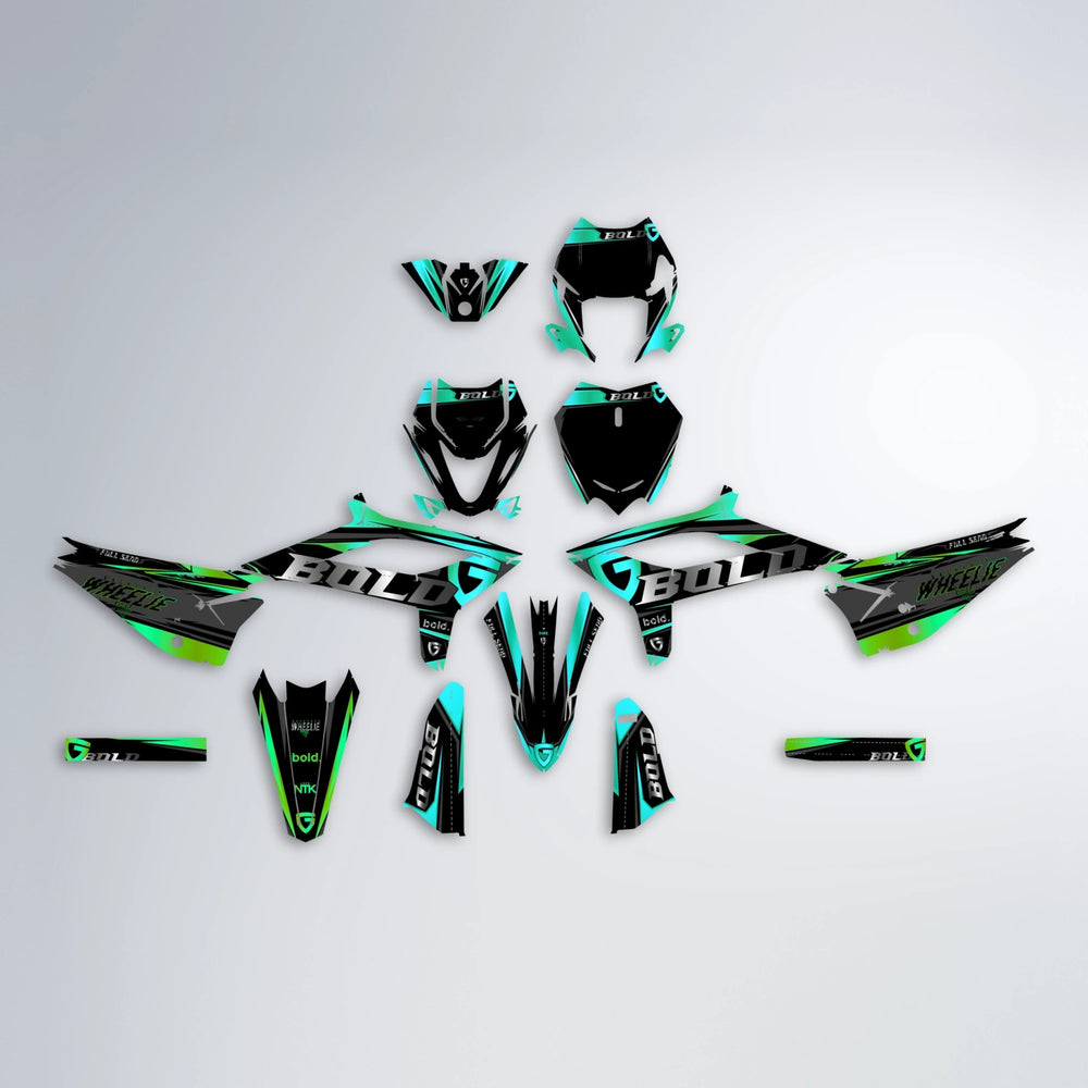 GEBEL V1 Beta graphics kit parts layout in Cyan & Green