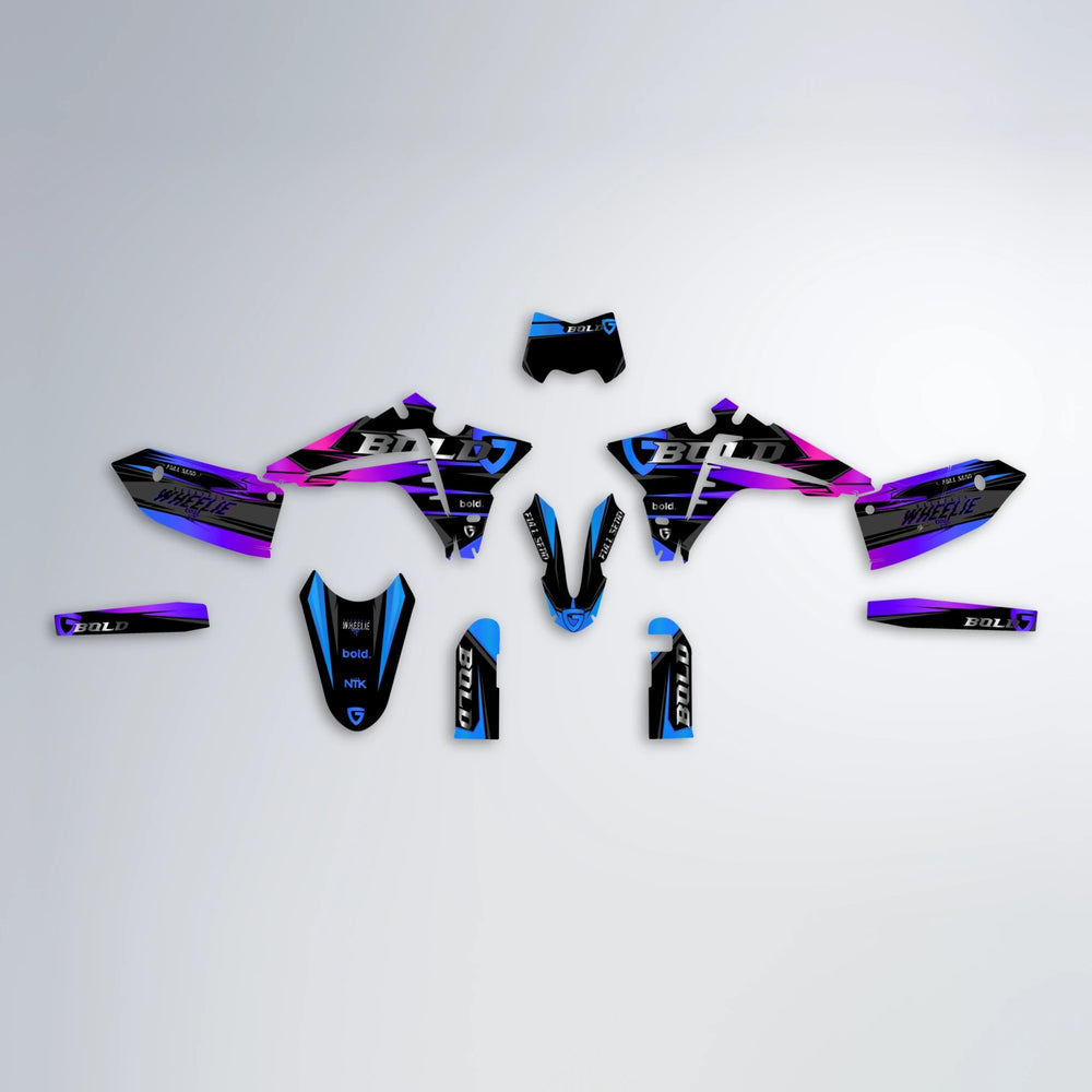 GEBEL V1 Fantic graphics kit parts layout in Blue Purple Fade