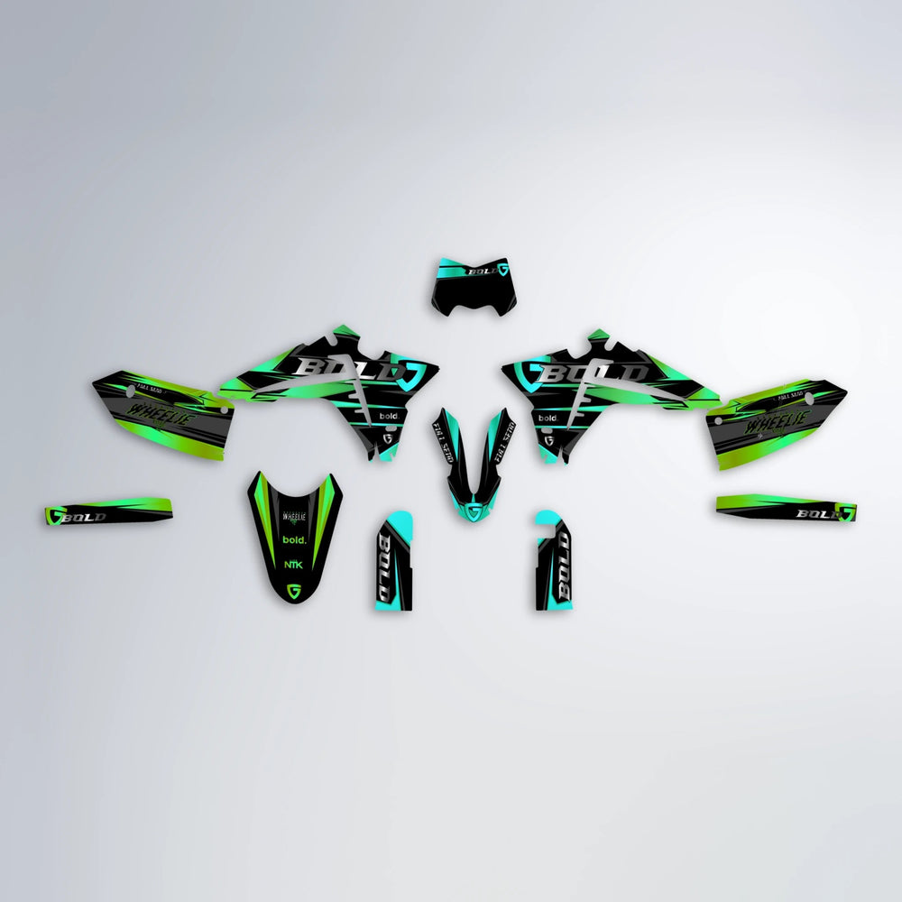 GEBEL V1 Fantic graphics kit parts layout in Cyan & Green