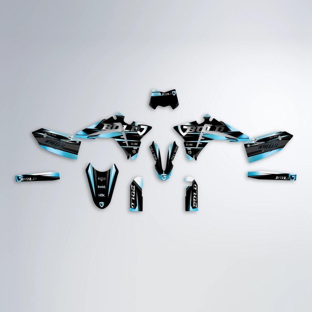 GEBEL V1 Fantic graphics kit parts layout in Light Blue & White