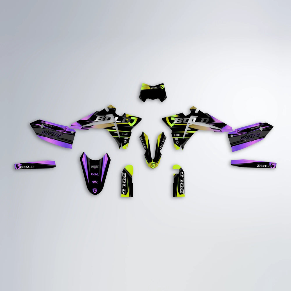 GEBEL V1 Fantic graphics kit parts layout in Purple & Yellow