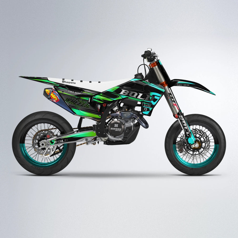 GEBEL V1 Husqvarna FE/TE supermoto graphics kit in Cyan & Green