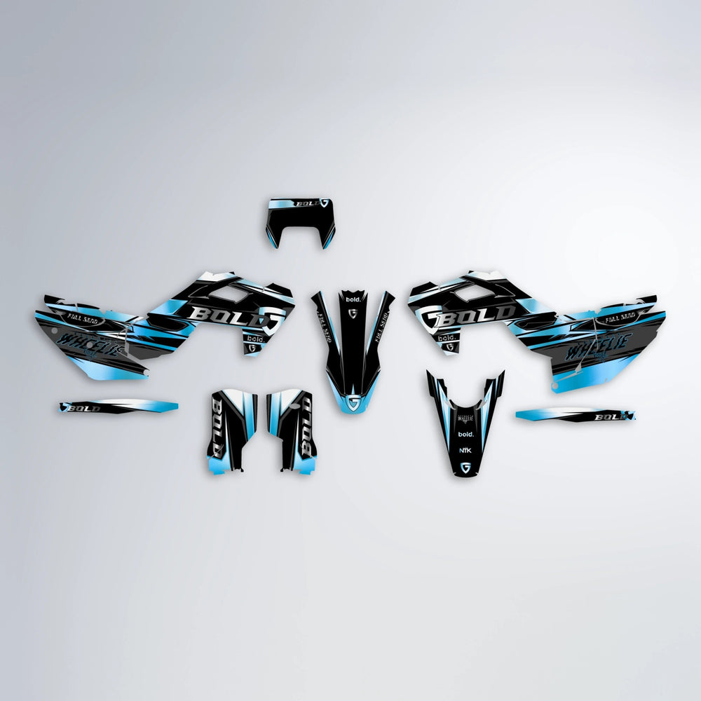 GEBEL V1 Husqvarna FE/TE graphics kit parts layout in Light Blue & White