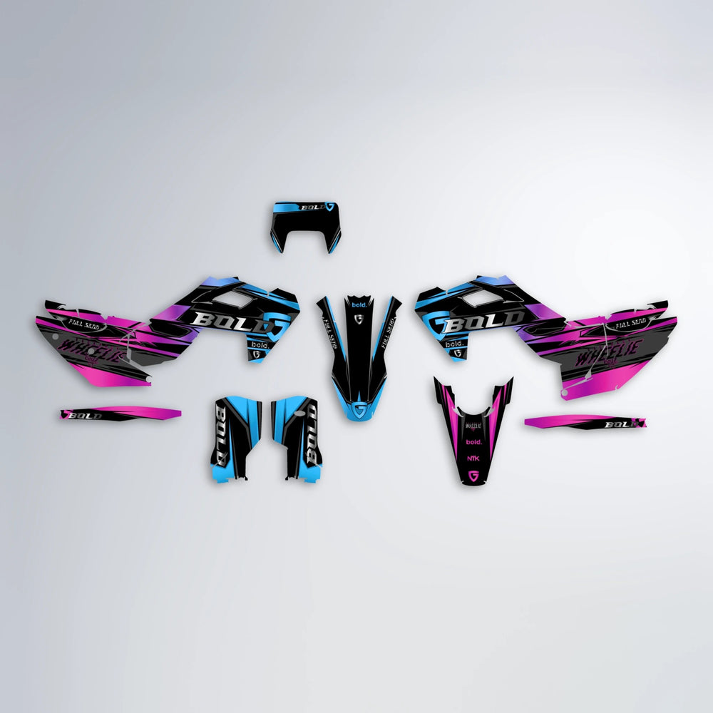 GEBEL V1 Husqvarna FE/TE graphics kit parts layout in Pink & Light Blue