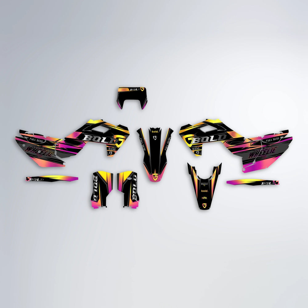 GEBEL V1 Husqvarna FE/TE graphics kit parts layout in Pink & Yellow
