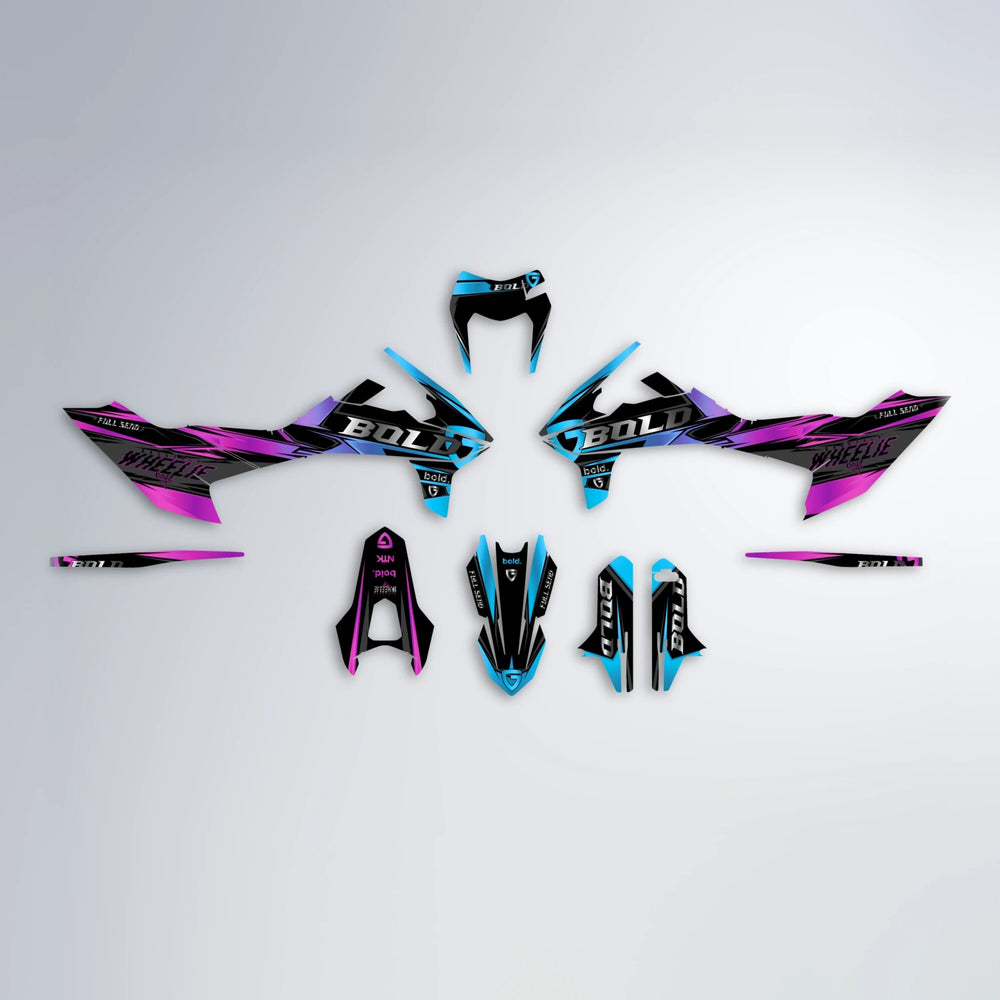 GEBEL V1 KTM SMC 690 graphics kit parts layout in Pink & Light Blue