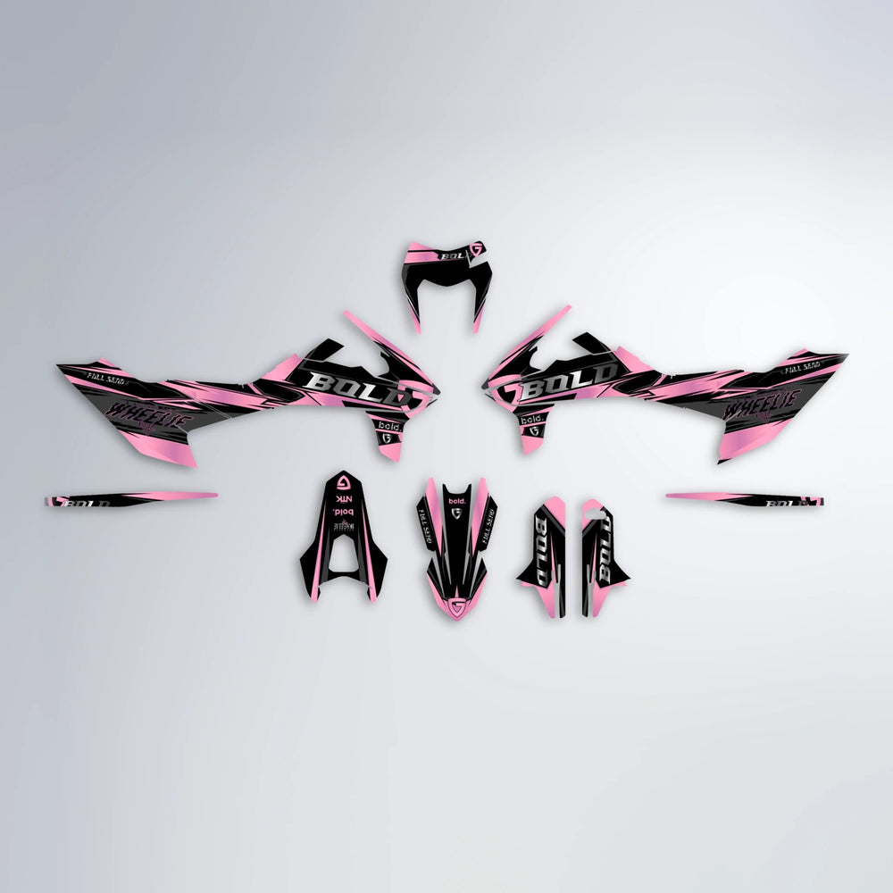 GEBEL V1 KTM SMC 690 graphics kit parts layout in Sakura Pink