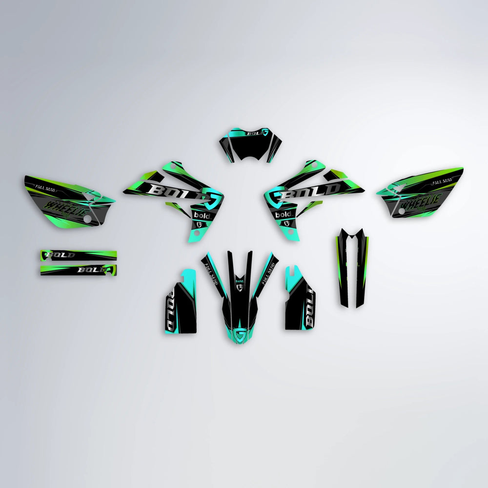 GEBEL V1 Rieju MRT graphics kit parts layout in Cyan & Green