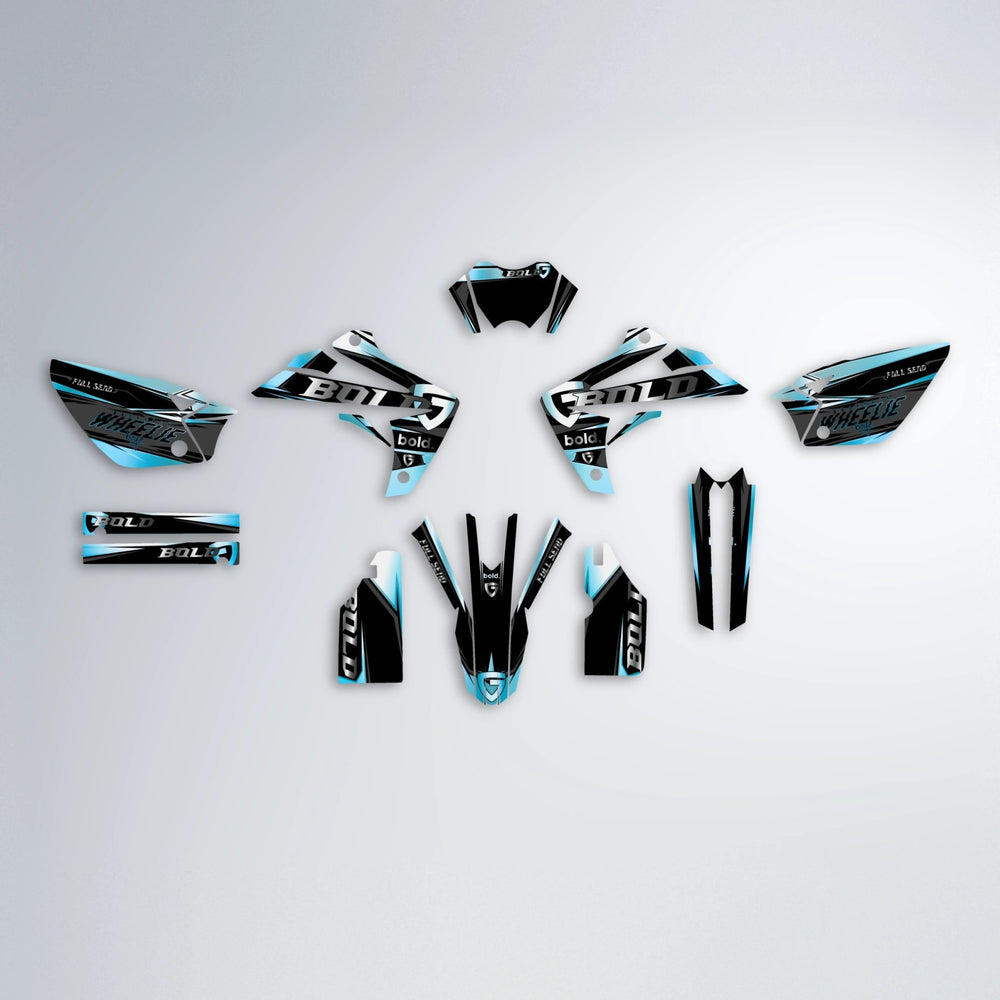 GEBEL V1 Rieju MRT graphics kit parts layout in Light Blue & White