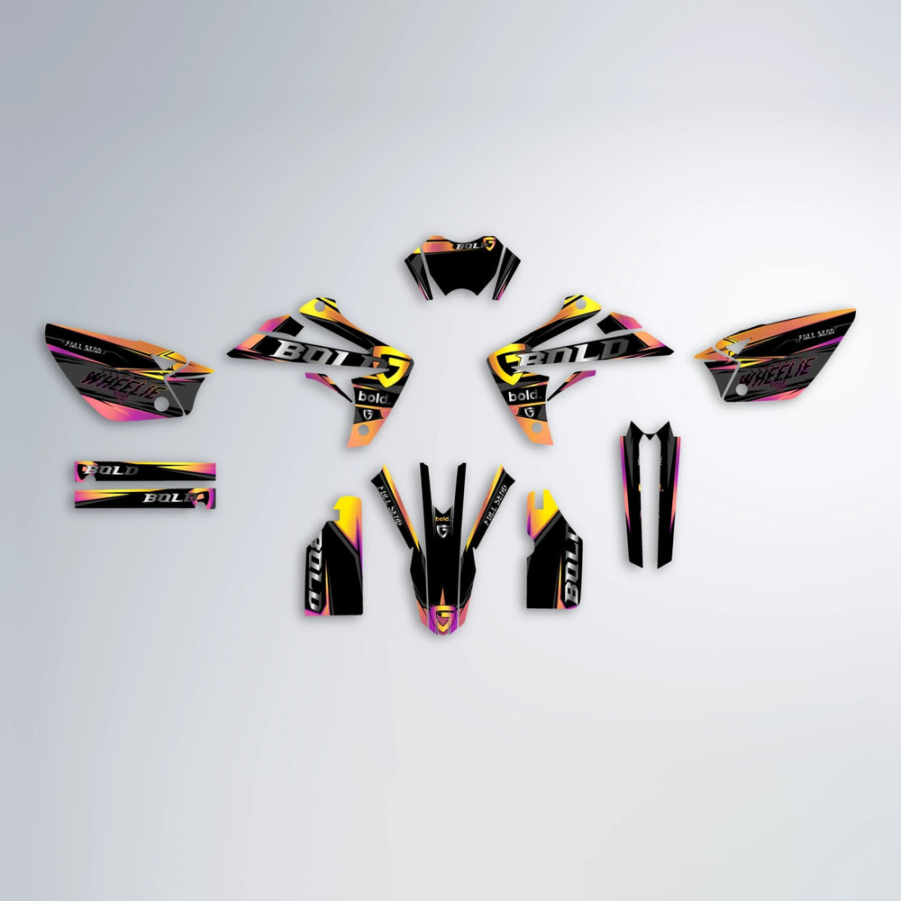 GEBEL V1 Rieju MRT graphics kit parts layout in Pink & Yellow