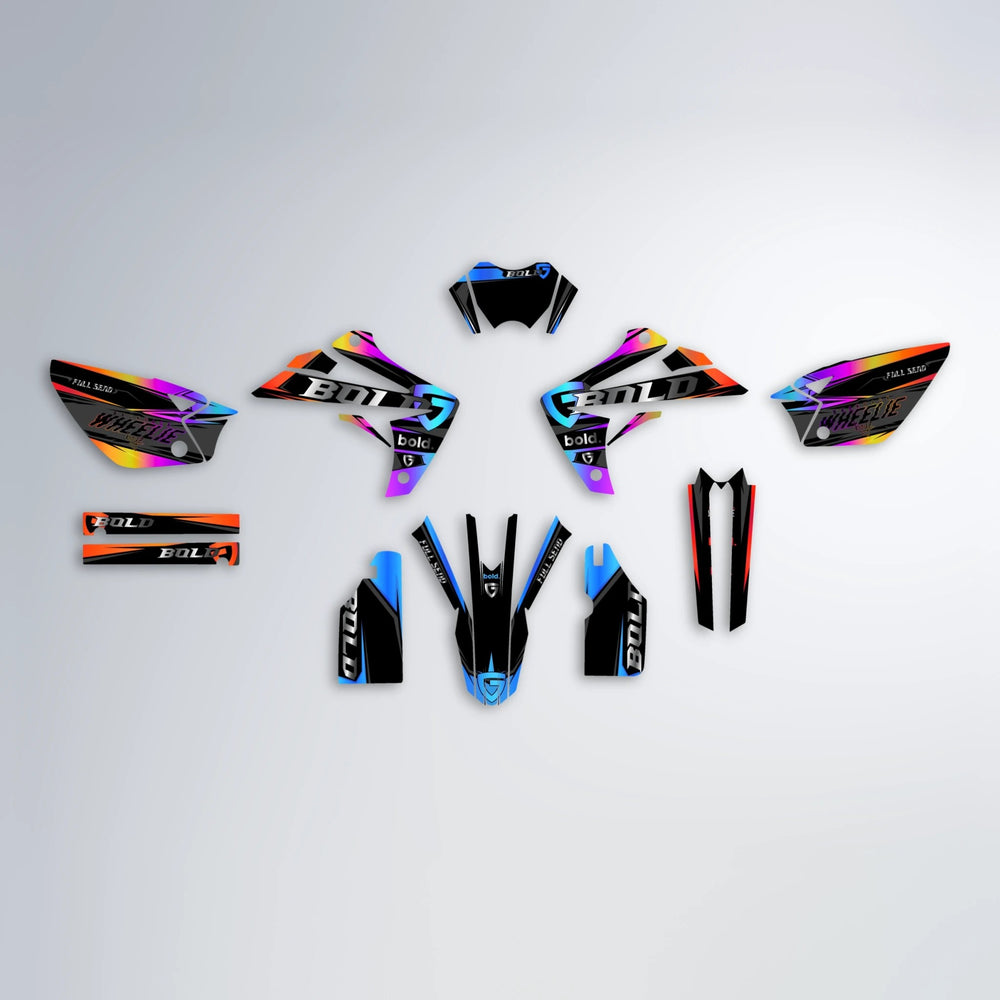 GEBEL V1 Rieju MRT graphics kit parts layout in Sunset Fade