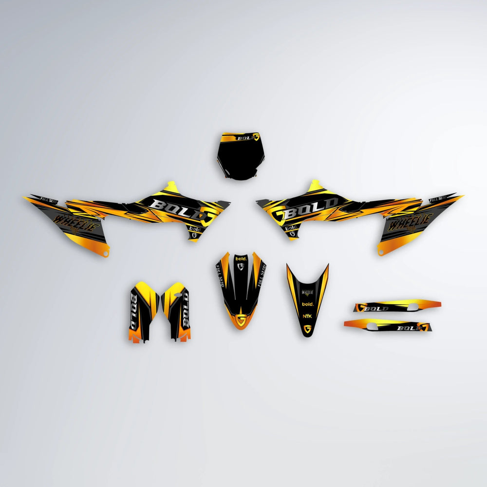 GEBEL V1 Stark Varg MX graphics kit parts layout in Orange & Yellow
