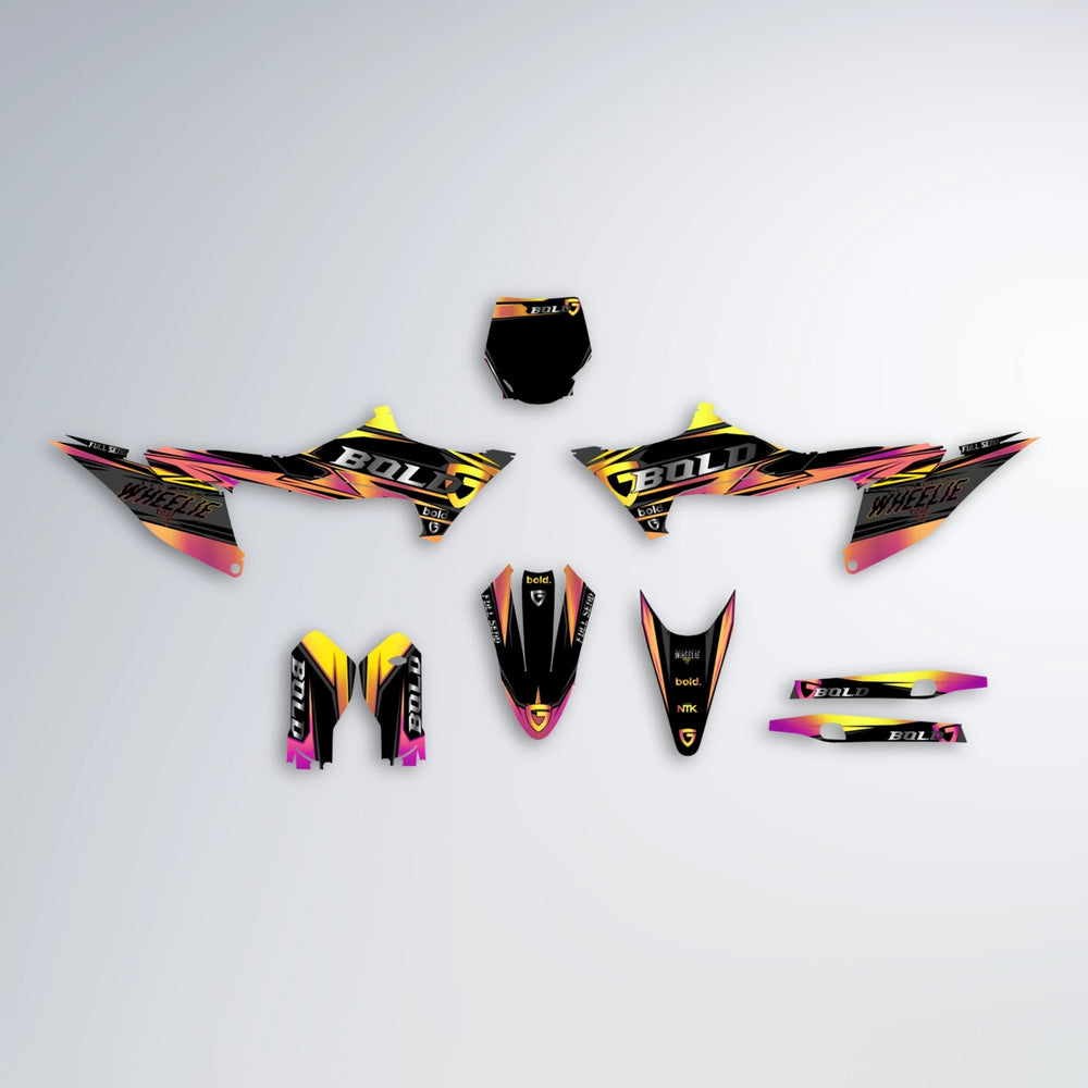 GEBEL V1 Stark Varg MX graphics kit parts layout in Pink & Yellow