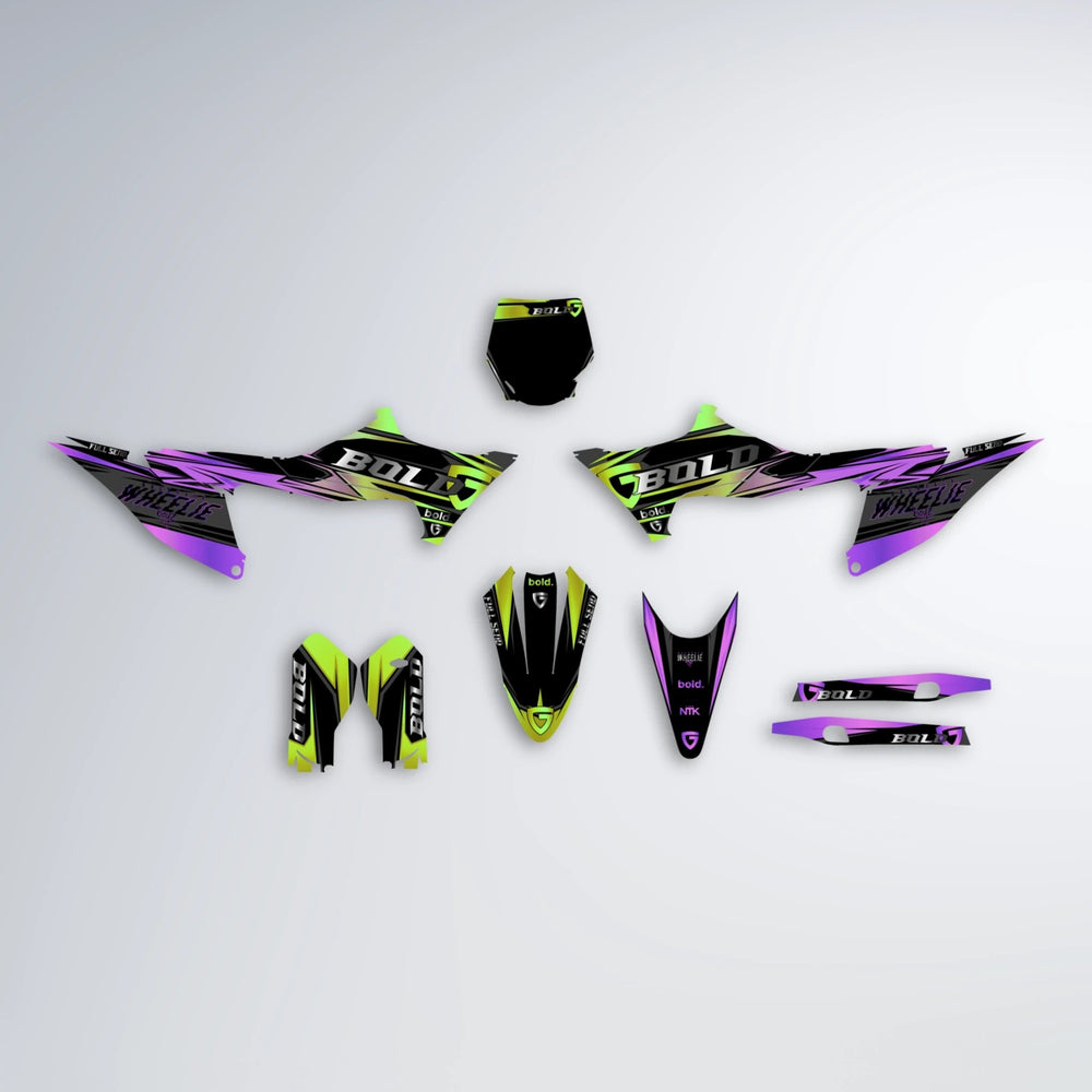 GEBEL V1 Stark Varg MX graphics kit parts layout in Purple & Yellow