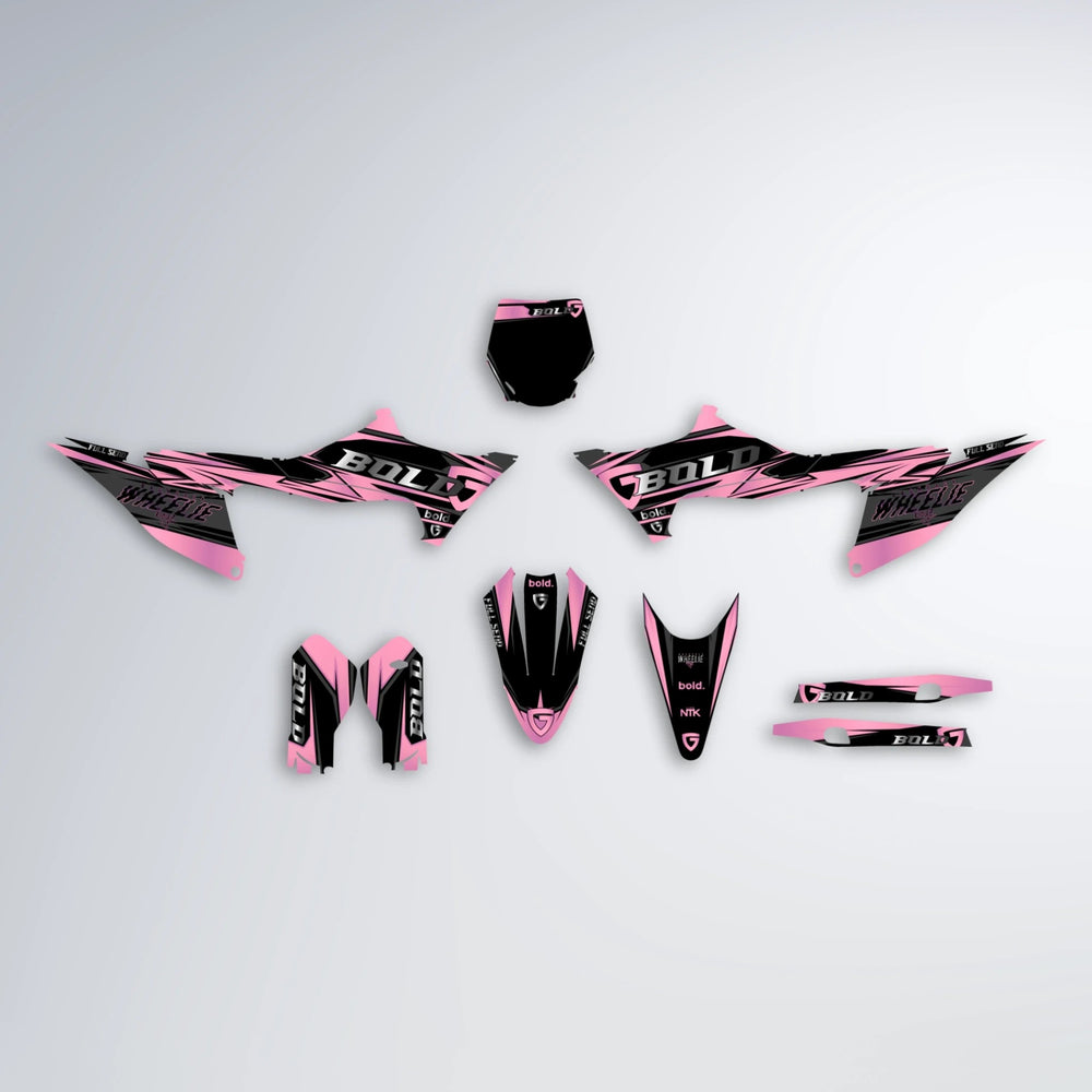 GEBEL V1 Stark Varg MX graphics kit parts layout in Sakura Pink