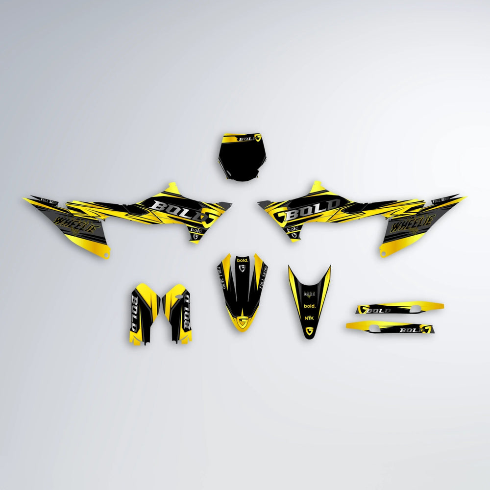 GEBEL V1 Stark Varg MX graphics kit parts layout in Yellow