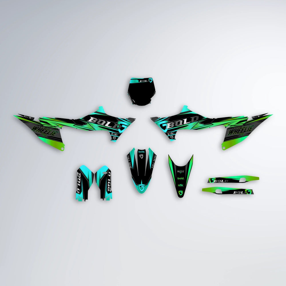 GEBEL V1 Stark Varg SM graphics kit parts layout in Cyan & Green