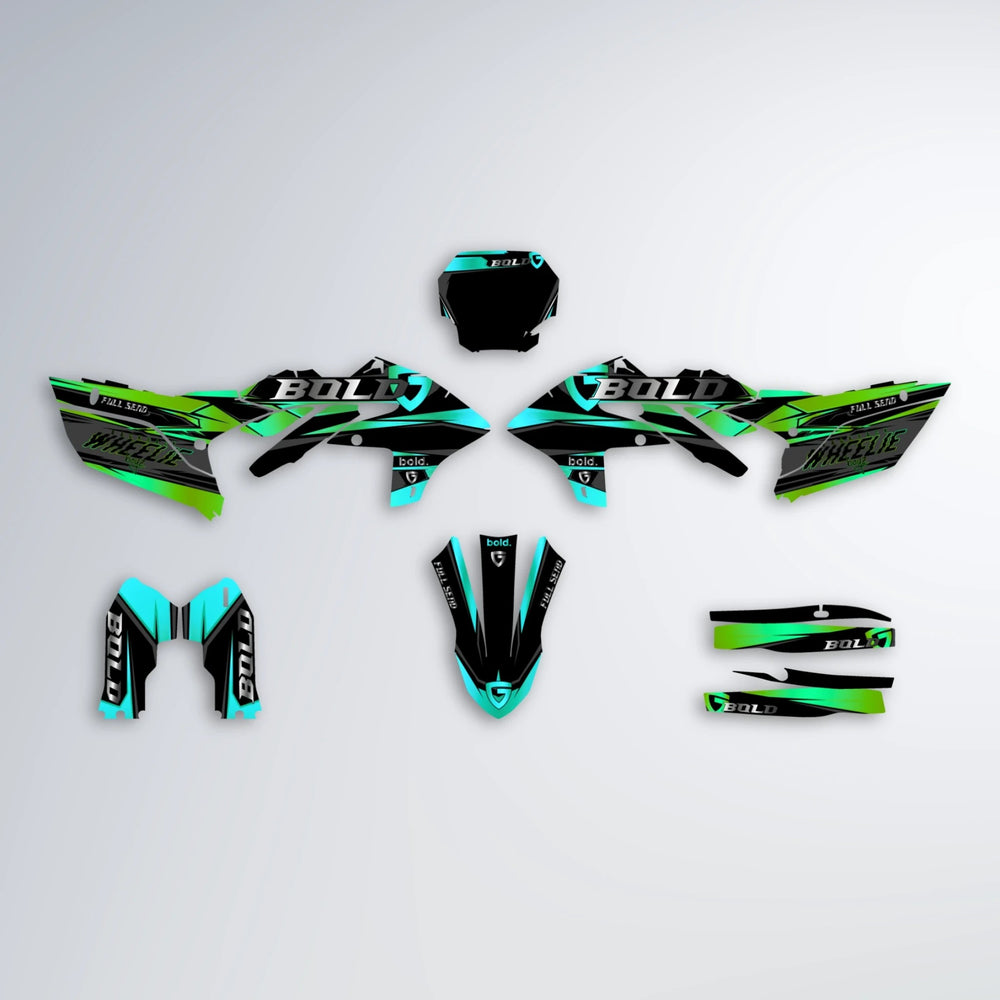 GEBEL V1 Yamaha YZF SM graphics kit parts layout in Cyan & Green