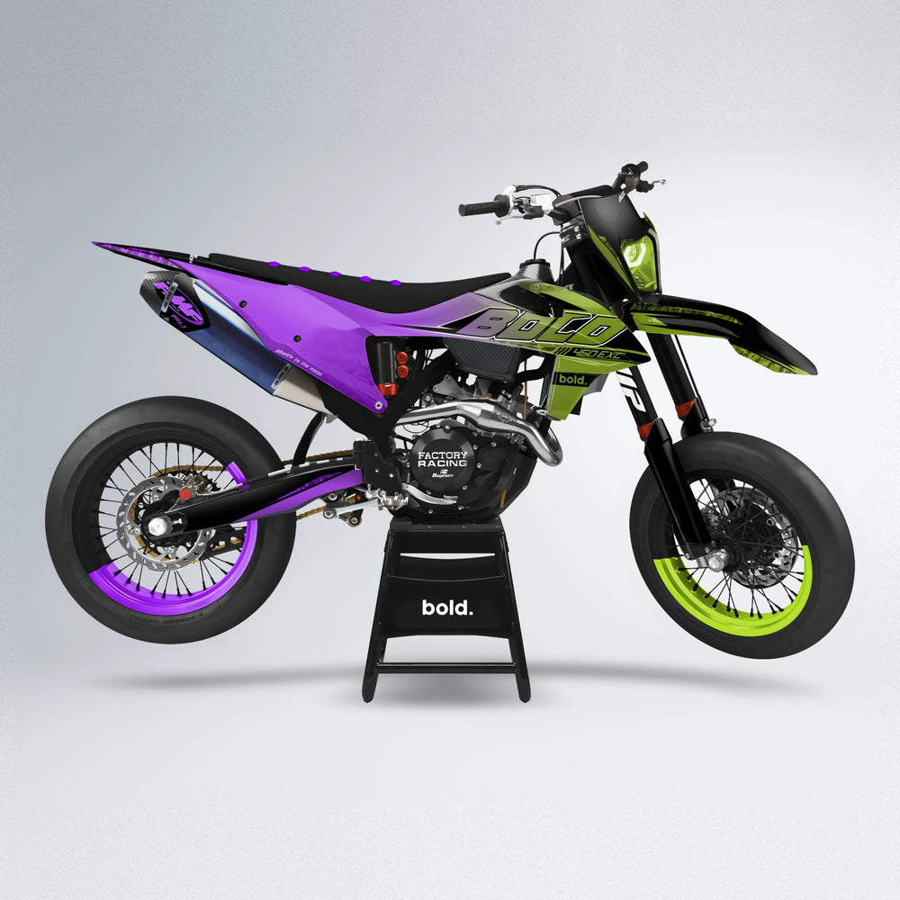 GEBEL V2 supermoto graphics kit in Purple & Fluo Yellow