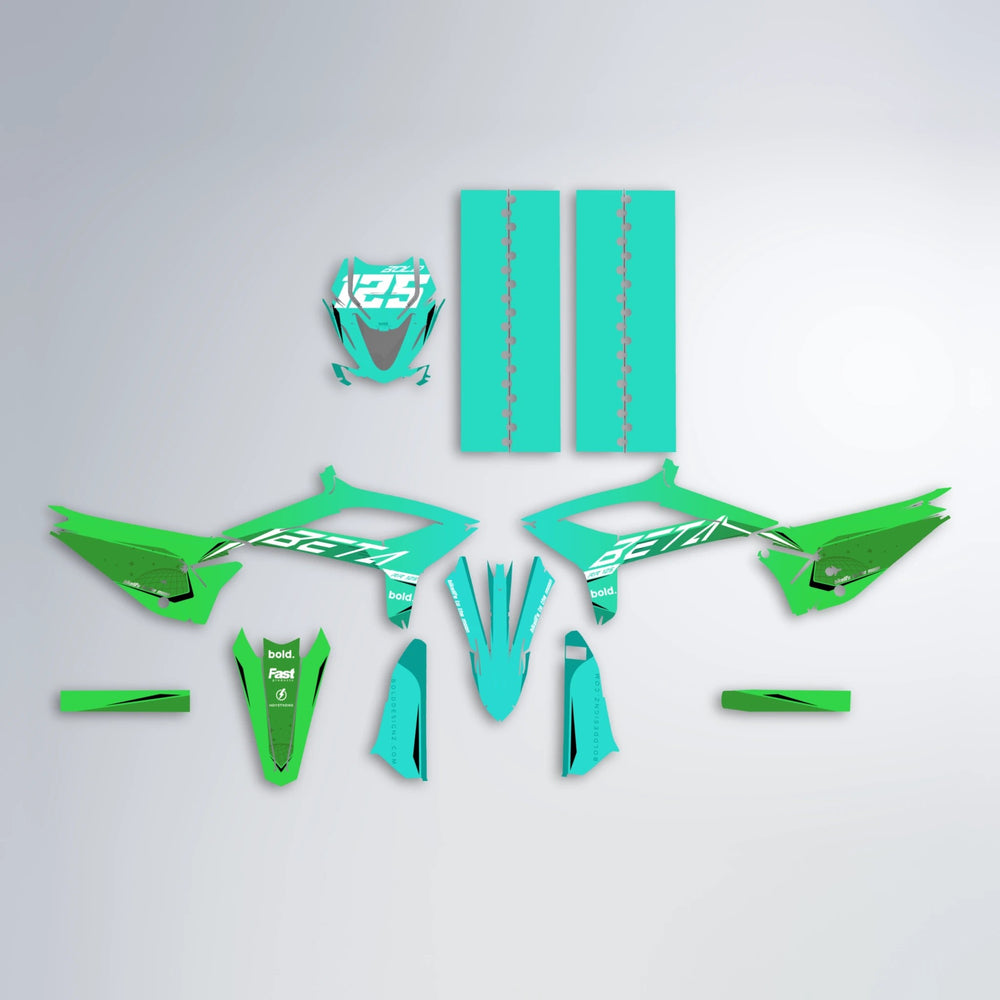 GEBEL V3 Beta graphics kit parts layout in Cyan & Green