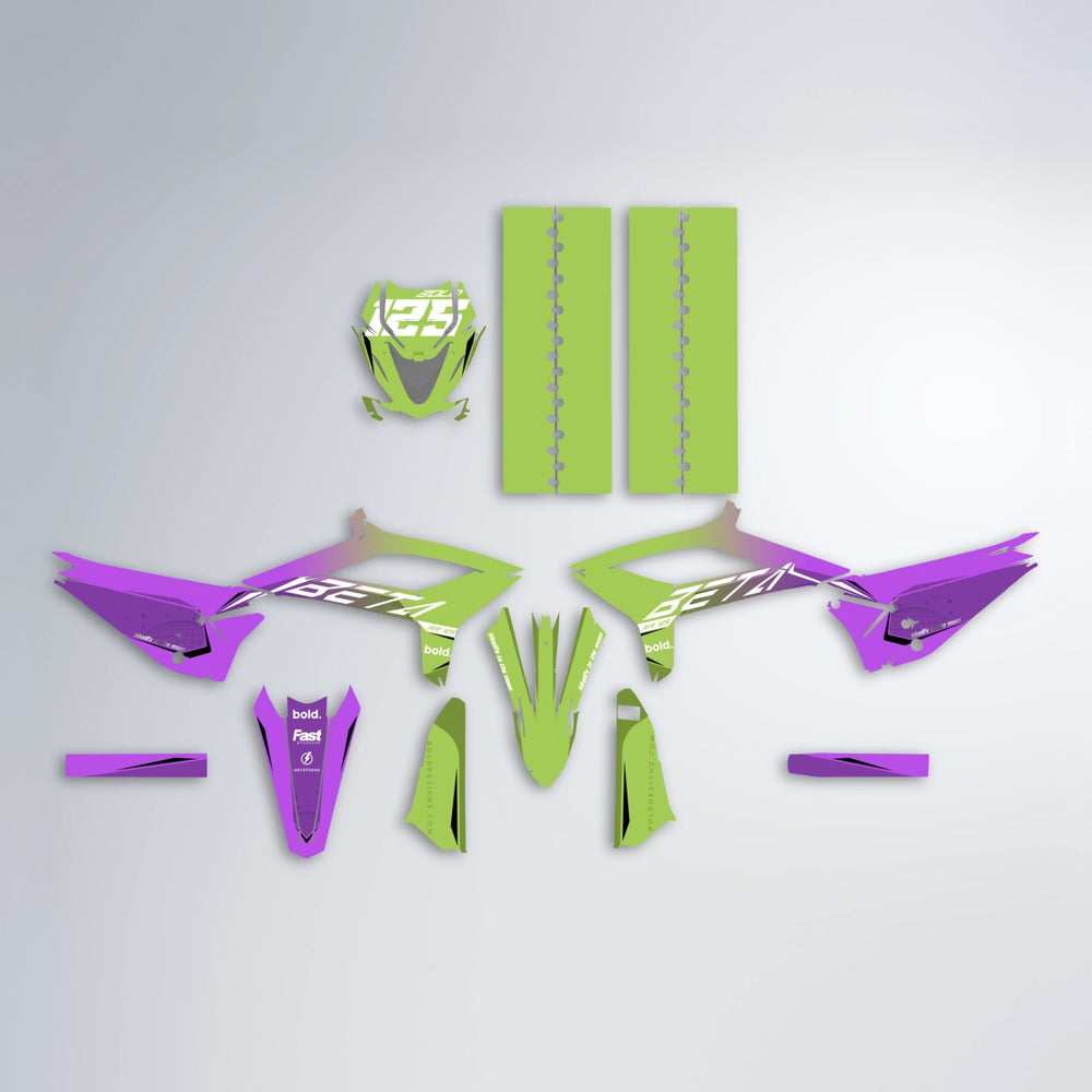 GEBEL V3 Beta graphics kit parts layout in Purple & Yellow