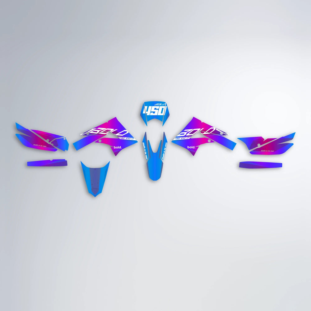 GEBEL V3 Derbi Senda graphics kit parts layout in Blue Purple Fade