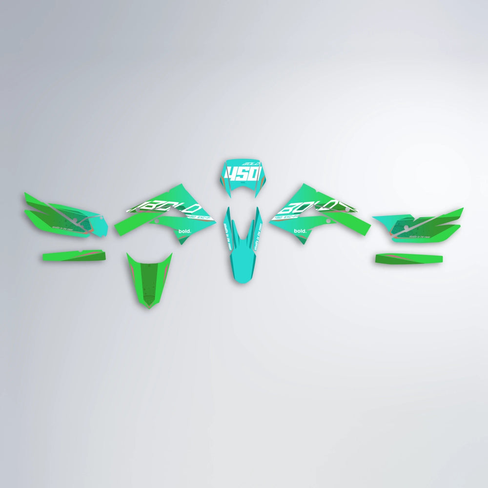 GEBEL V3 Derbi Senda graphics kit parts layout in Cyan & Green