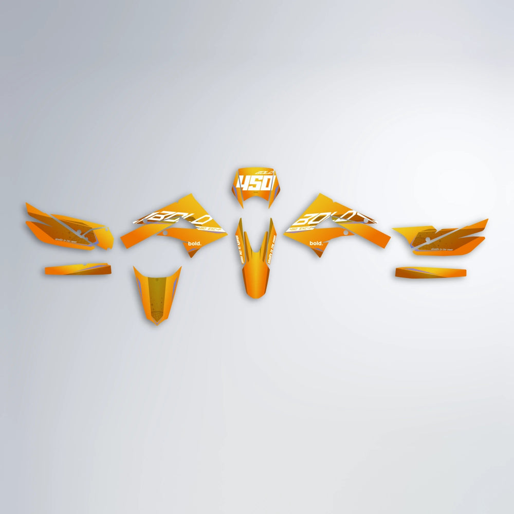 GEBEL V3 Derbi Senda graphics kit parts layout in Orange & Yellow