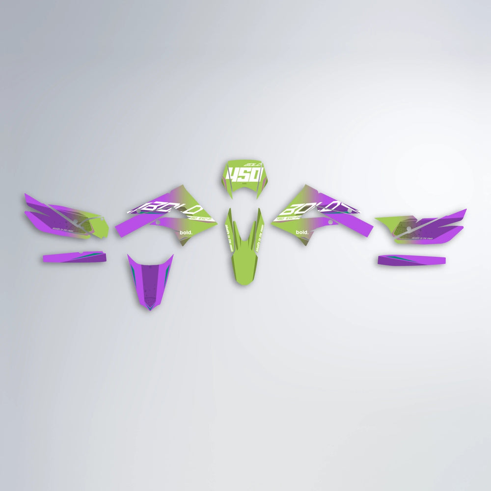 GEBEL V3 Derbi Senda graphics kit parts layout in Purple & Yellow