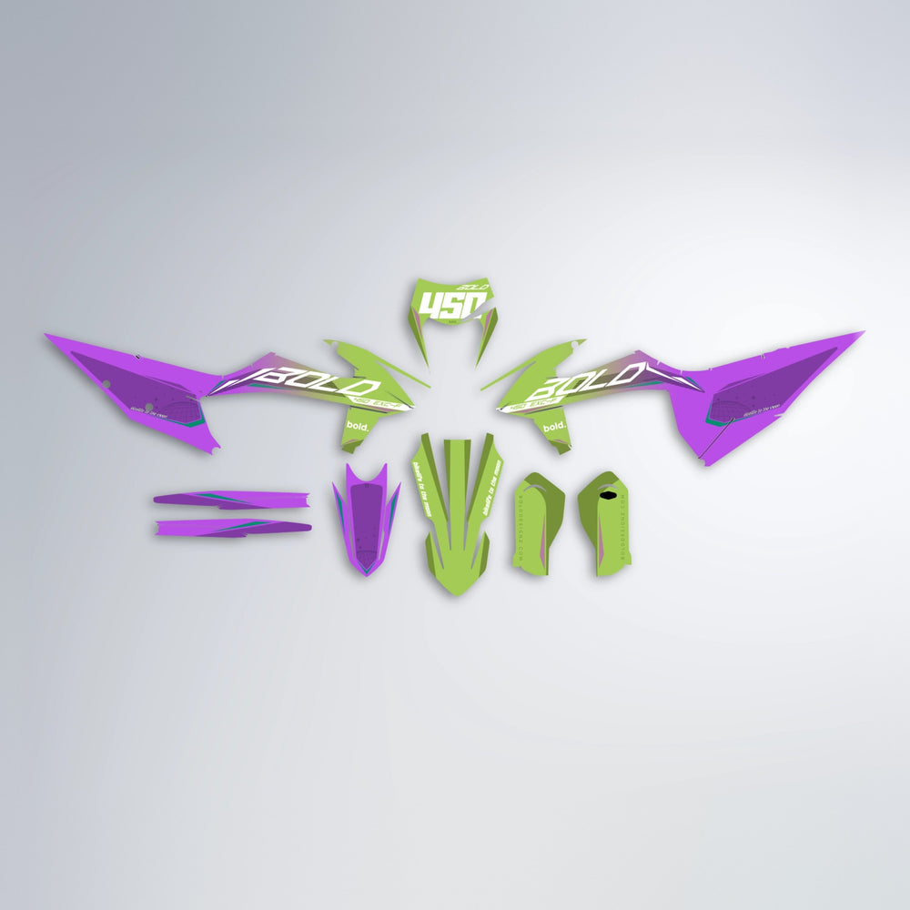 GEBEL V3 graphics kit parts layout in Purple & Fluo Yellow