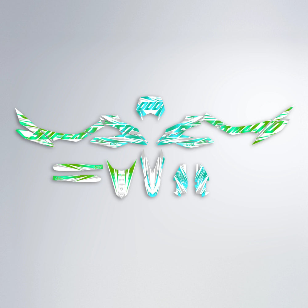 GEBEL V4 Aprilia SX 125 graphics kit parts layout in Cyan & Green