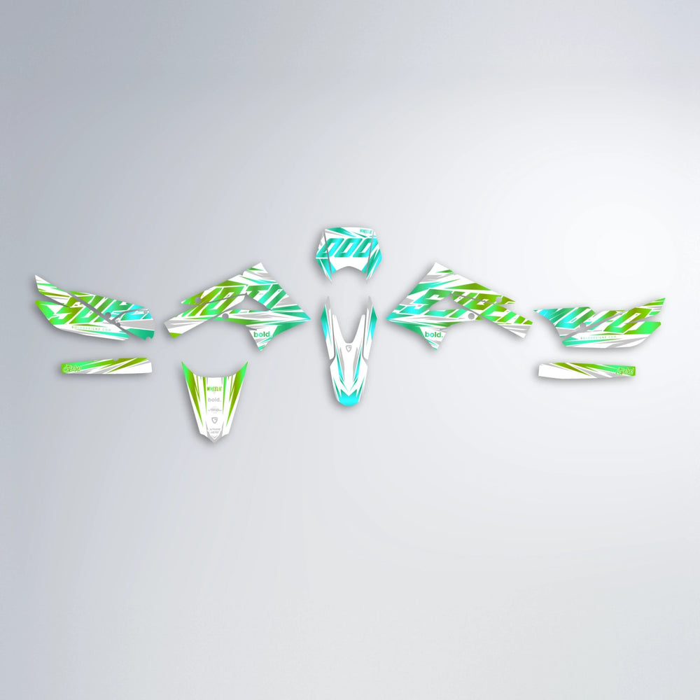 GEBEL V4 Derbi Senda graphics kit parts layout in Cyan & Green