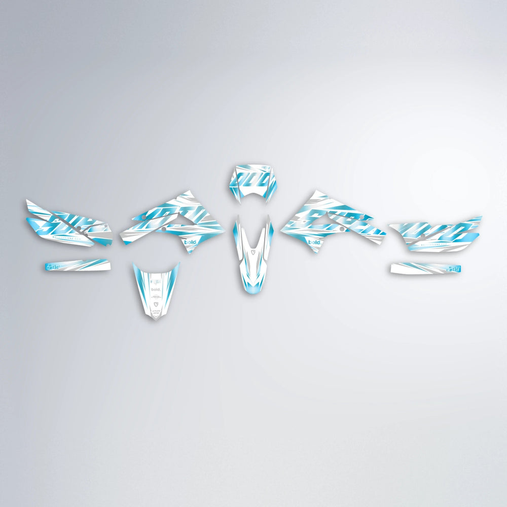 GEBEL V4 Derbi Senda graphics kit parts layout in Light Blue & White
