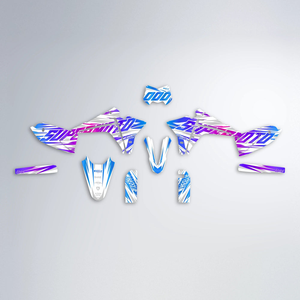 GEBEL V4 Fantic graphics kit parts layout in Blue Purple Fade