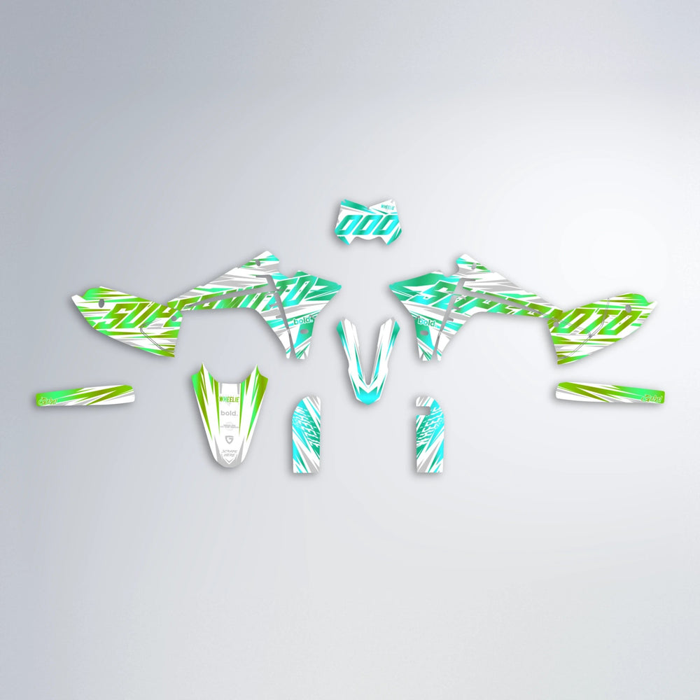 GEBEL V4 Fantic graphics kit parts layout in Cyan & Green