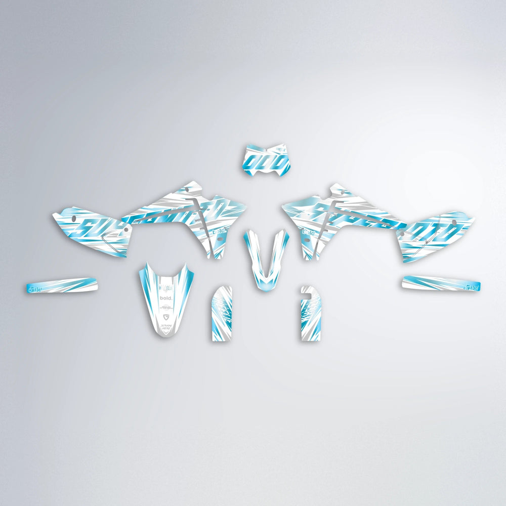 GEBEL V4 Fantic graphics kit parts layout in Light Blue & White