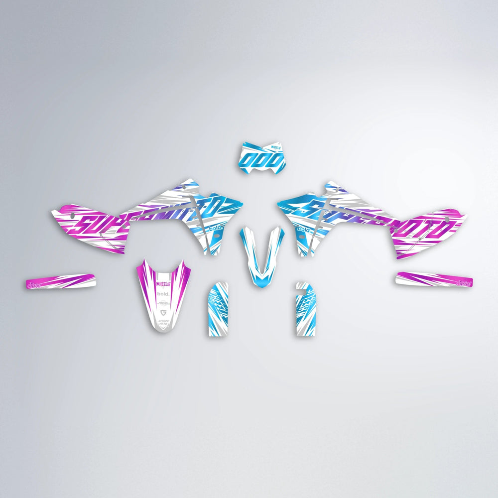 GEBEL V4 Fantic graphics kit parts layout in Pink & Light Blue