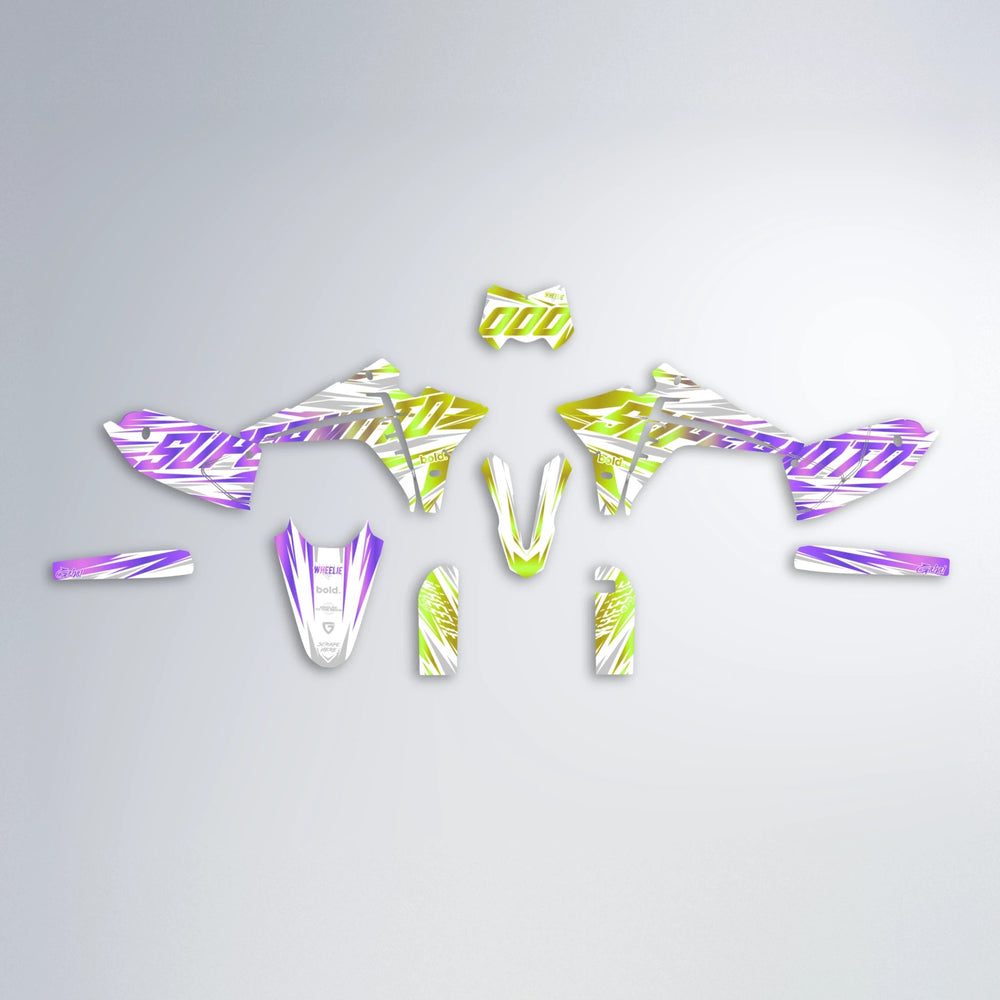 GEBEL V4 Fantic graphics kit parts layout in Purple & Yellow