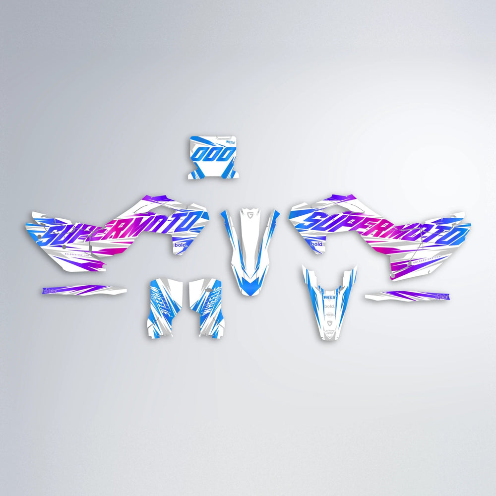 GEBEL V4 Husqvarna FE/TE graphics kit parts layout in Blue Purple Fade