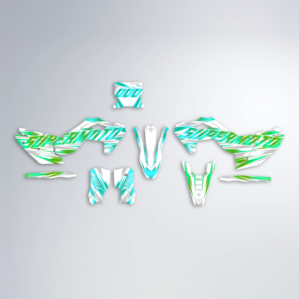 GEBEL V4 Husqvarna FE/TE graphics kit parts layout in Cyan & Green