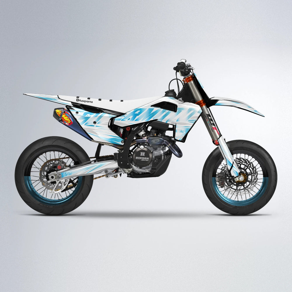 GEBEL V4 Husqvarna FE/TE supermoto graphics kit in Light Blue & White