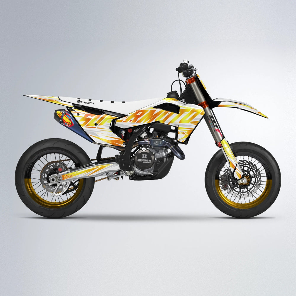 GEBEL V4 Husqvarna FE/TE supermoto graphics kit in Orange & Yellow