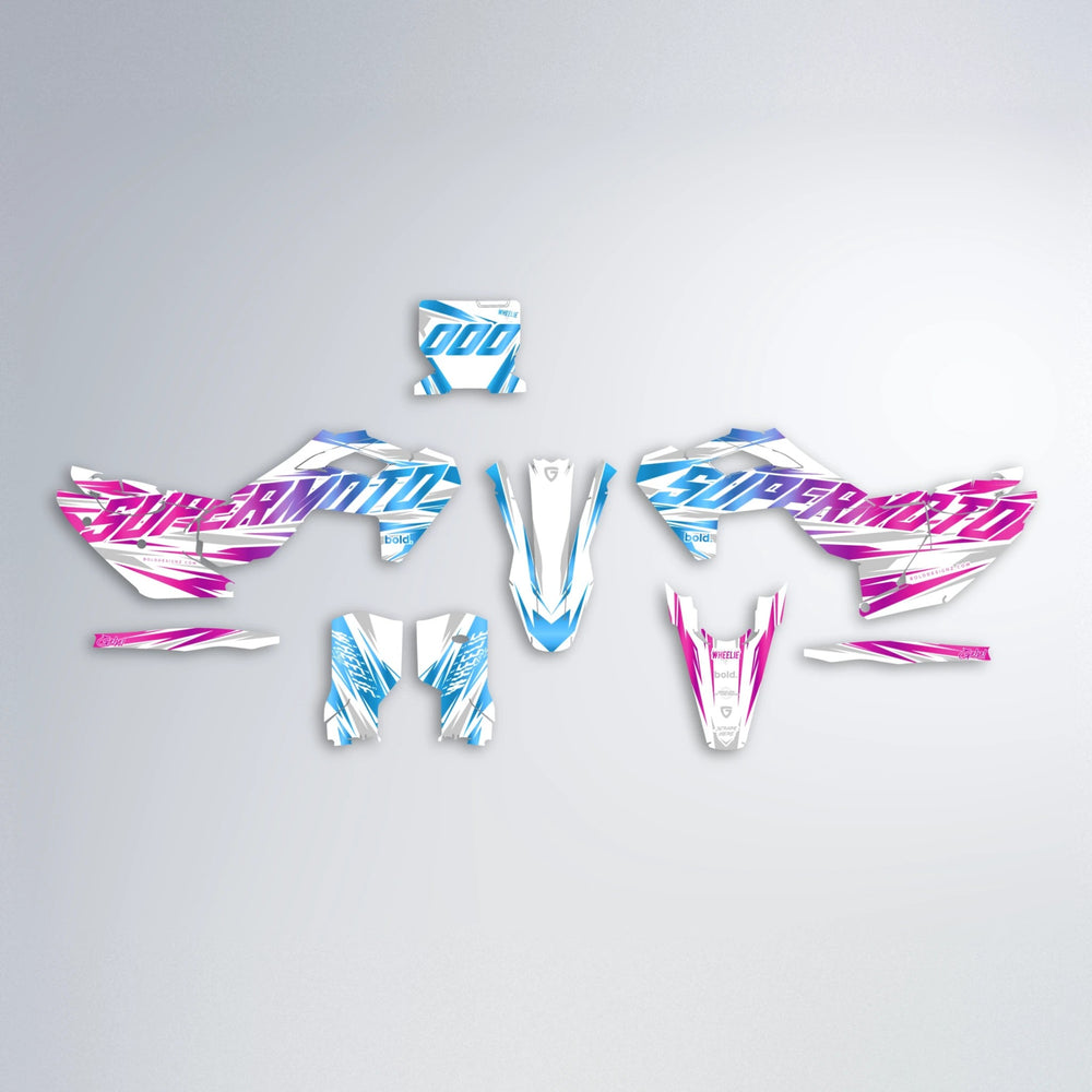 GEBEL V4 Husqvarna FE/TE graphics kit parts layout in Pink & Light Blue
