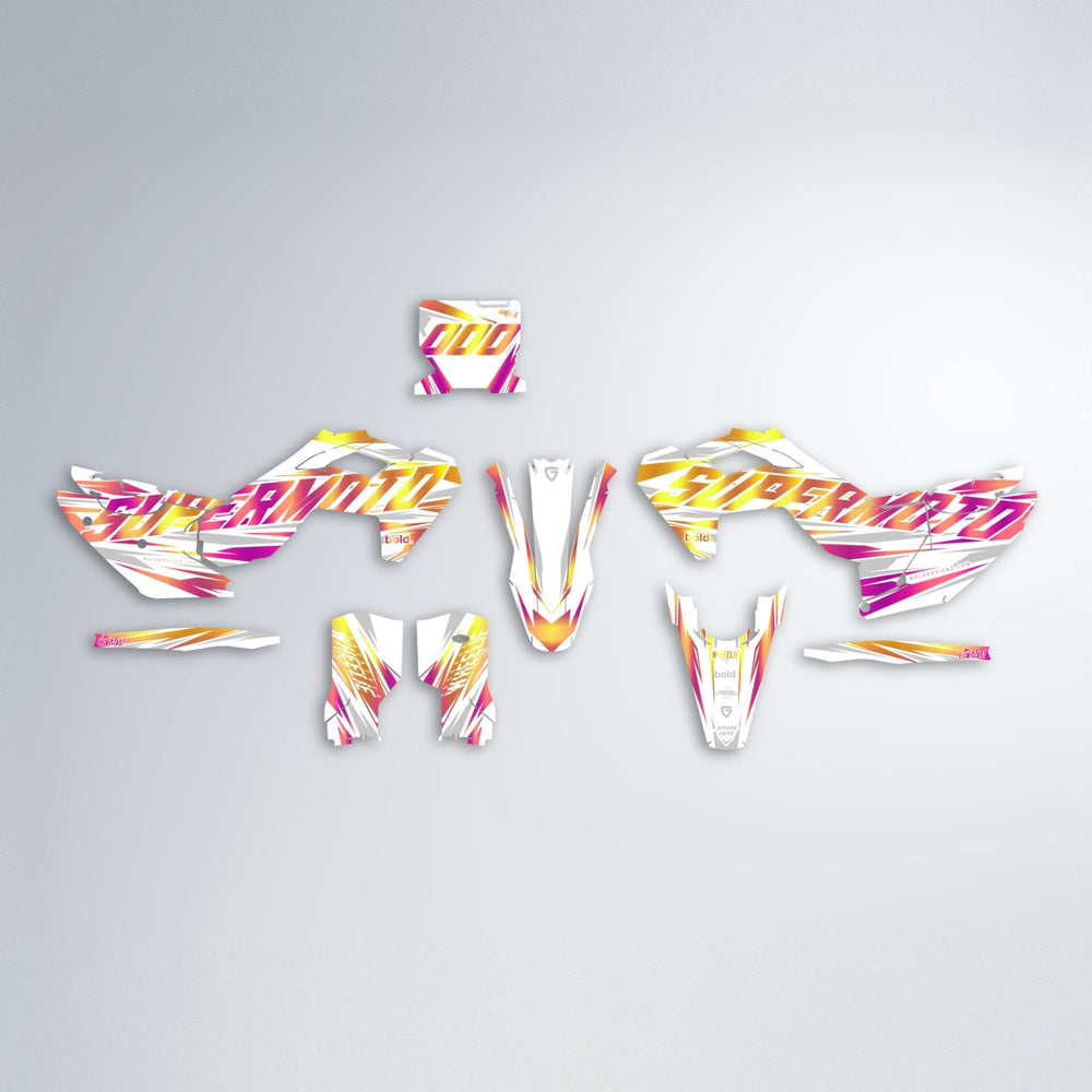 GEBEL V4 Husqvarna FE/TE graphics kit parts layout in Pink & Yellow
