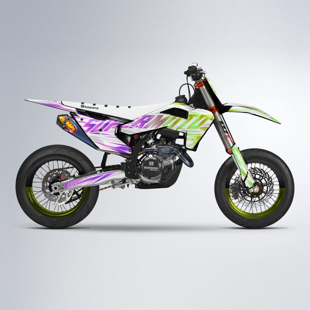 GEBEL V4 Husqvarna FE/TE supermoto graphics kit in Purple & Yellow