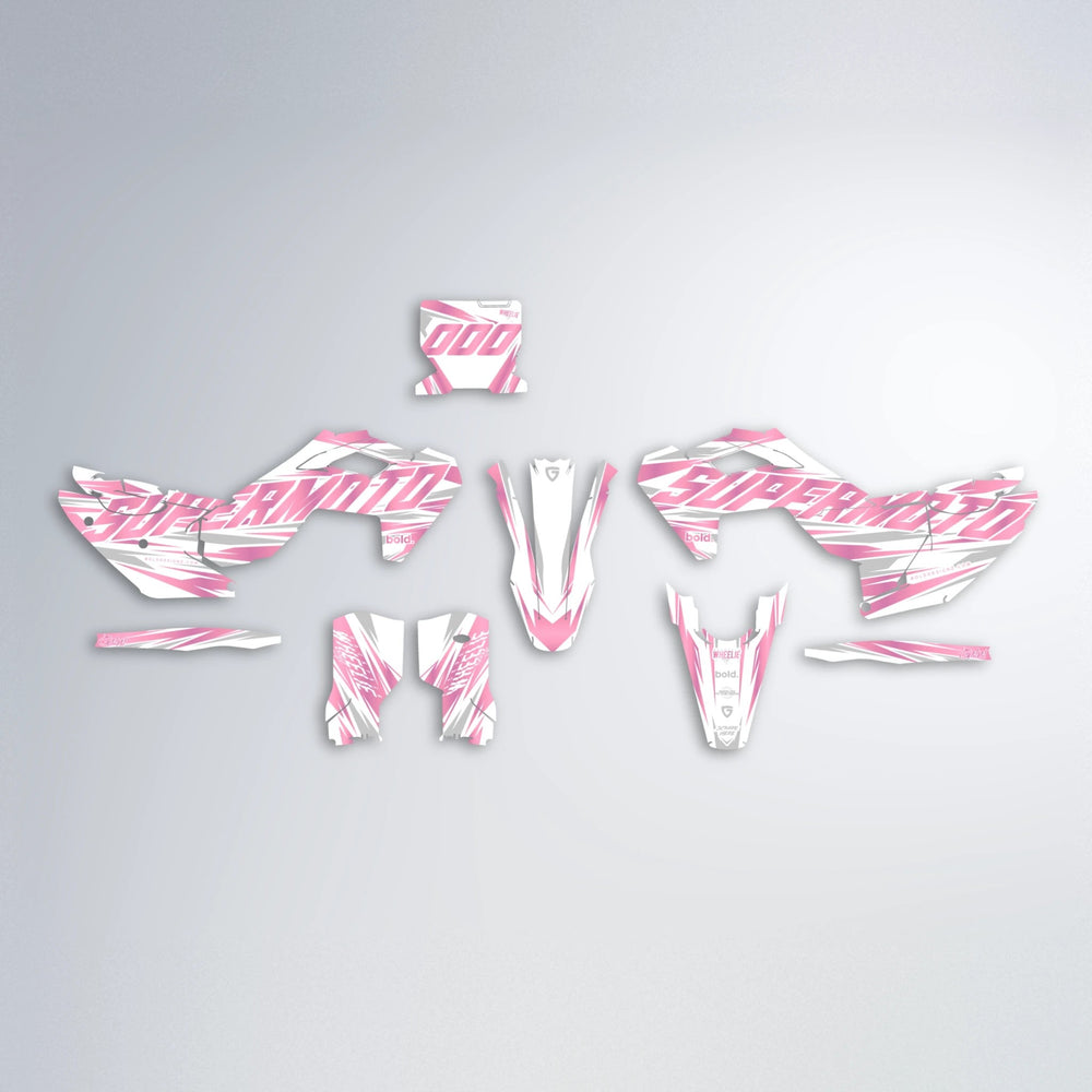 GEBEL V4 Husqvarna FE/TE graphics kit parts layout in Sakura Pink