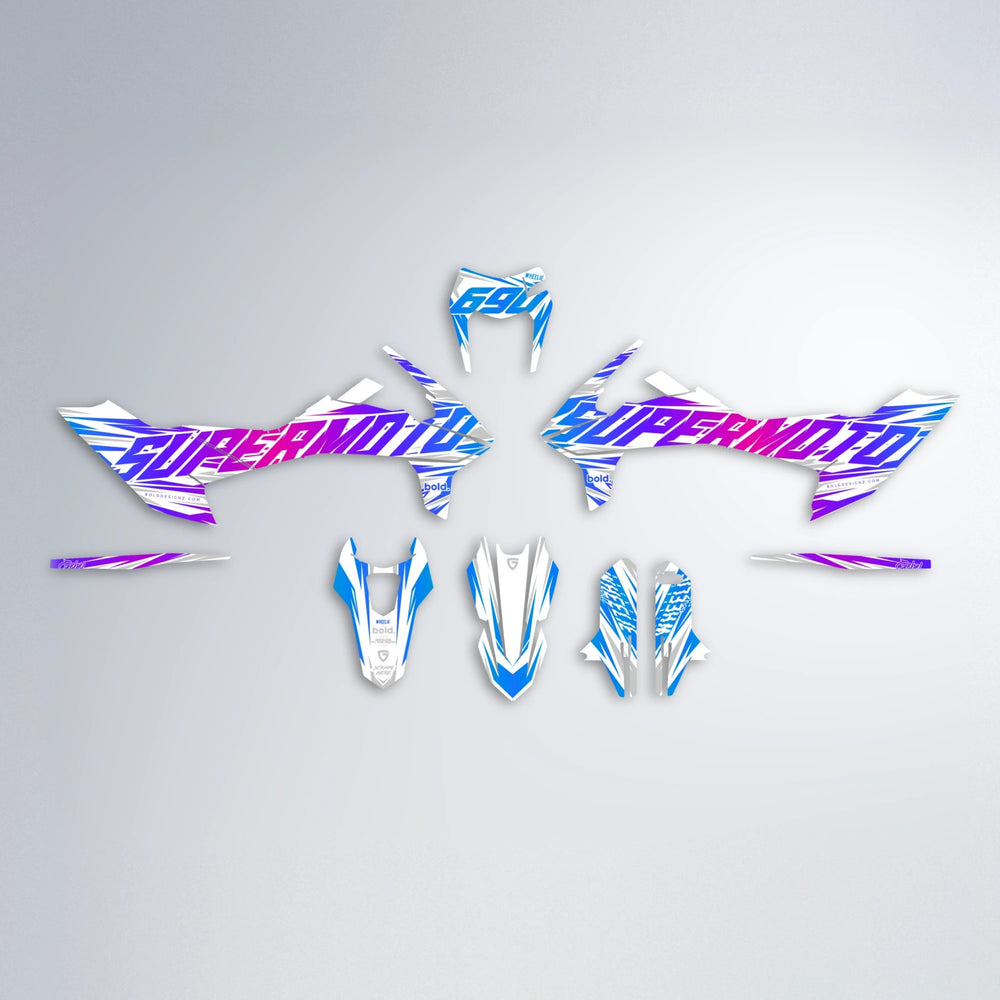 GEBEL V4 KTM SMC 690 graphics kit parts layout in Blue Purple Fade