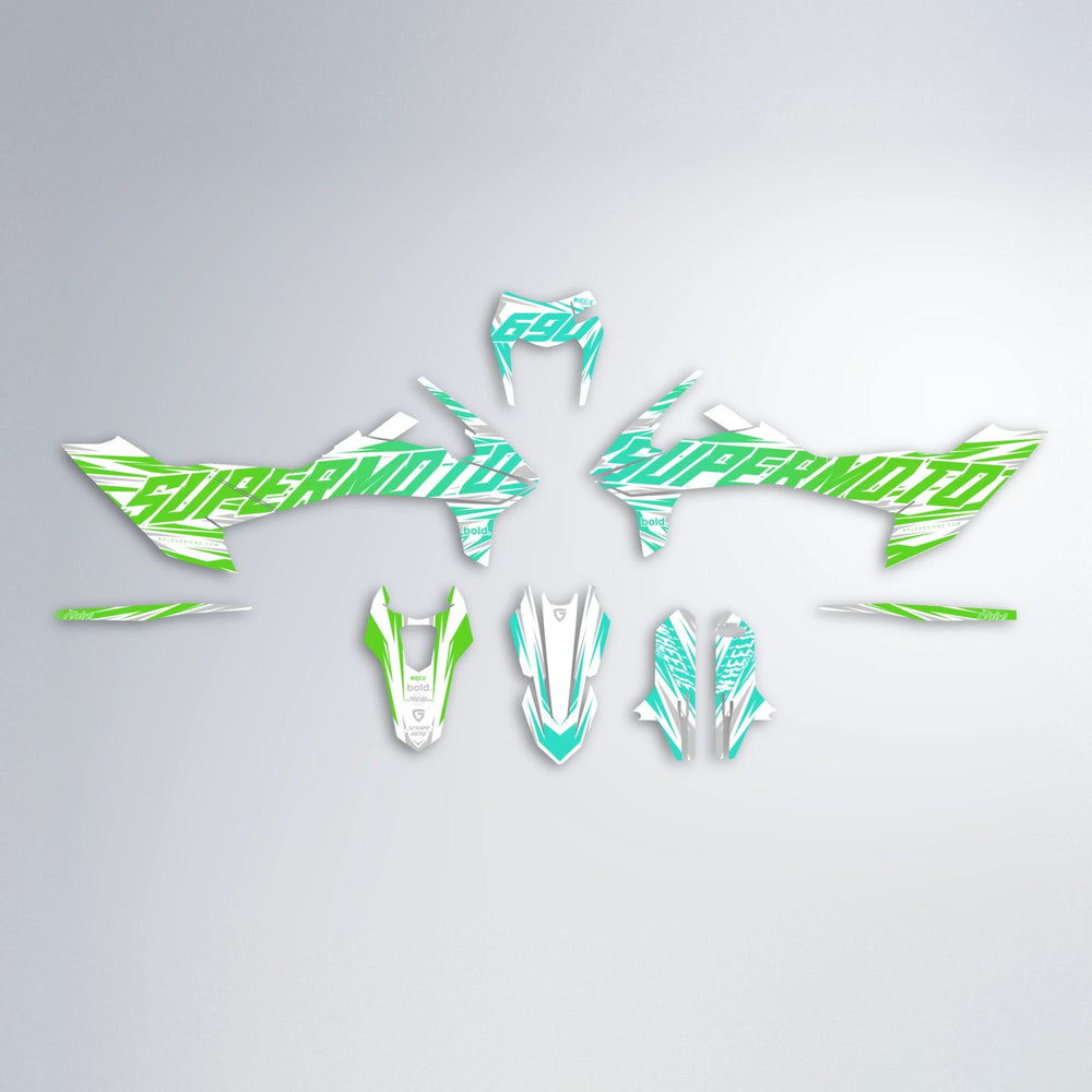 GEBEL V4 KTM SMC 690 graphics kit parts layout in Cyan & Green